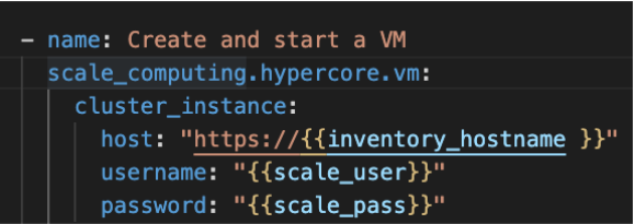 This is how we tell the Playbook to reference our inventory file and includes our target host and the variables for HyperCore user and password.